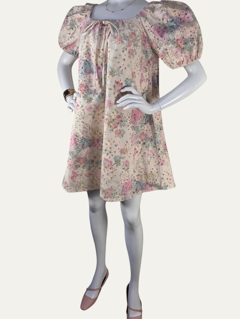 Gee Gee Coquette Floral Eyelet Puff Sleeve Babydoll Dress NWT Small